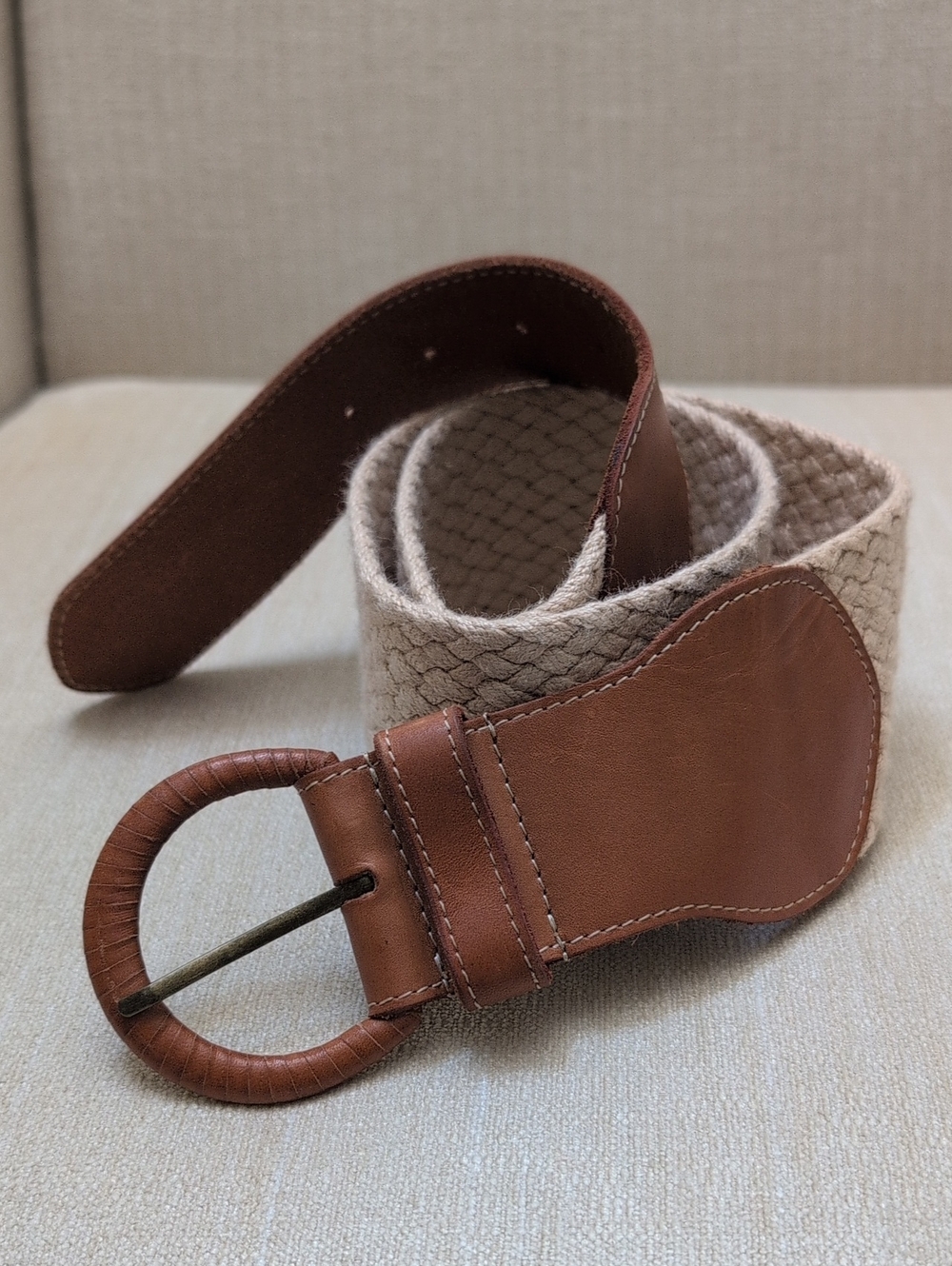 J. McLaughlin Brown Leather-Trim Wide Woven Belt Coastal Preppy Size L/XL